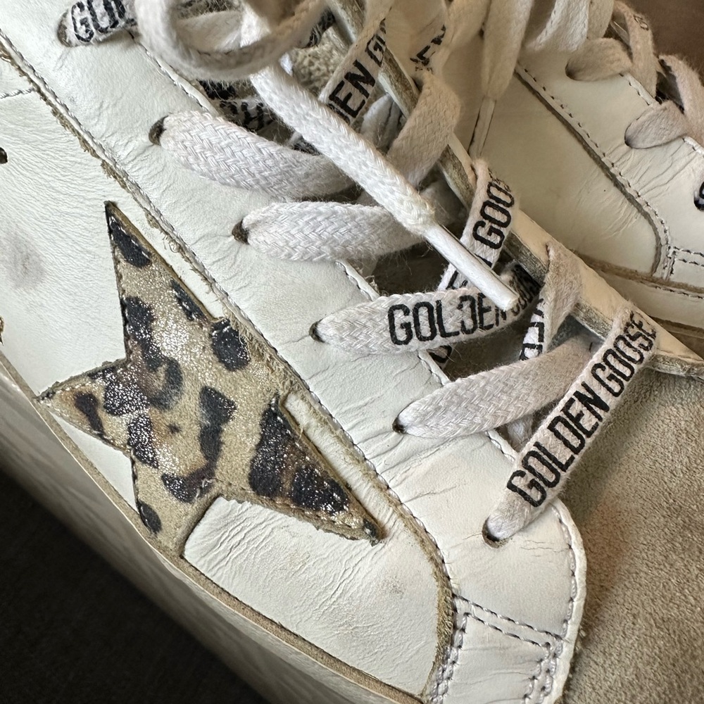 Golden Goose Womens White Sneakers with Leopard Star 36